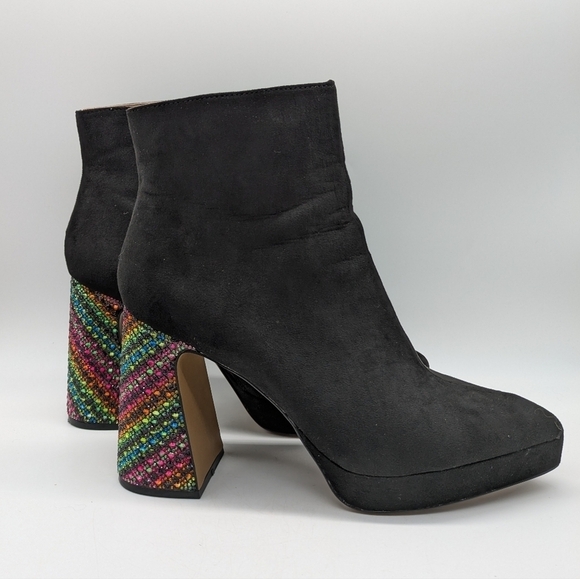 Betsey Johnson Raylan black multi rainbow rhinestone tall block heel boot 11 - Picture 1 of 12